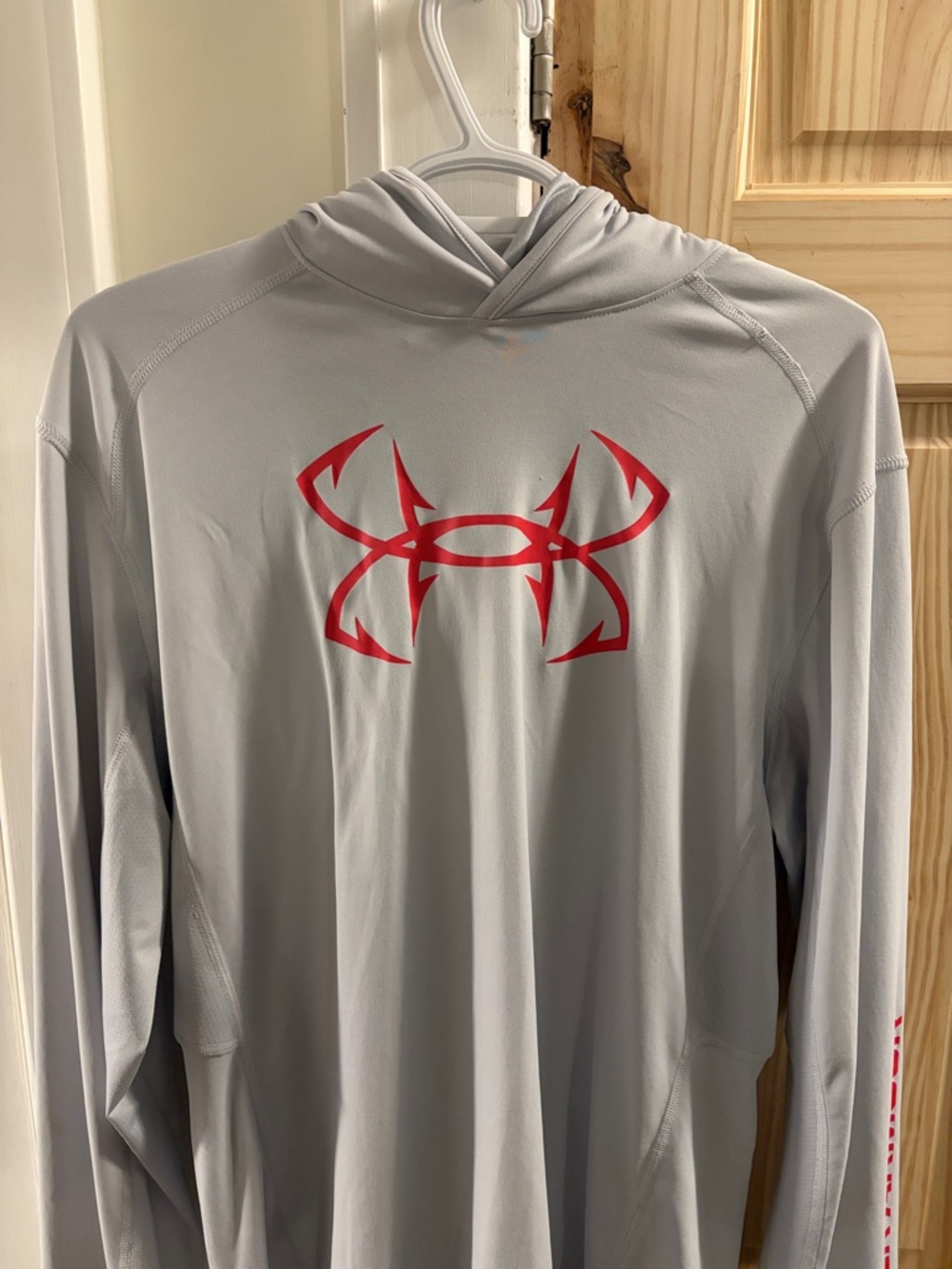 Under Armour Light Gray Hooded Performance Shirt with Red Logo